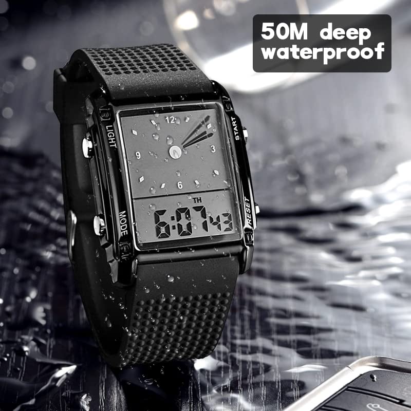 FANMIS Men's Rectangle Dial Sports Wrist Watches with 7 Colors Optional LED Backlight Multifunctional Alarm Stopwatch 12/24H Rubber Strap Watch - Image 2